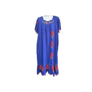 Vintage Mexican Embroidered Muumuu Floral Boho Folk Maxi Dress Tropical Resort